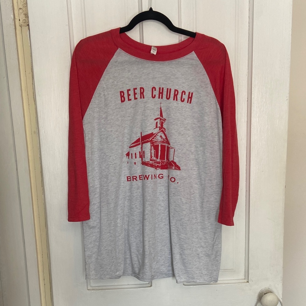 Red and Gray Raglan Sleeve Beer Church Shirt